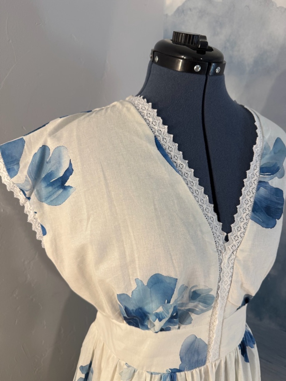 White Maxi Dress with Blue Floral Print #148 - Picture 3 of 10